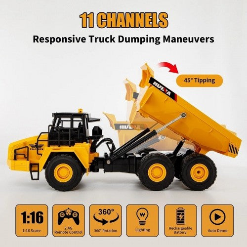 1/16 11CH RC Excavator & Alloy Metal Dump Car - Electric Sound & Light Remote Control Die-cast Truck