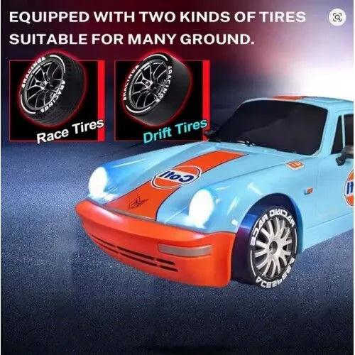 1:20 RC Drift Car – Remote Control Racing Car with LED Lights, Extra Wheels, Tools & 6 Cones | Blue & Orange Toy Car Gift for Boys