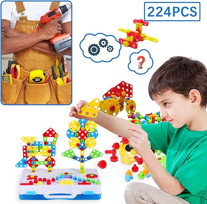 Building Toys for Kids, Screwdriver Toy Set with Electric Drill and Button Art, Engineering Toys Creative Pegboard Games STEM Kits for Boys & Girls 3 4 5 6 7 8 Year Old