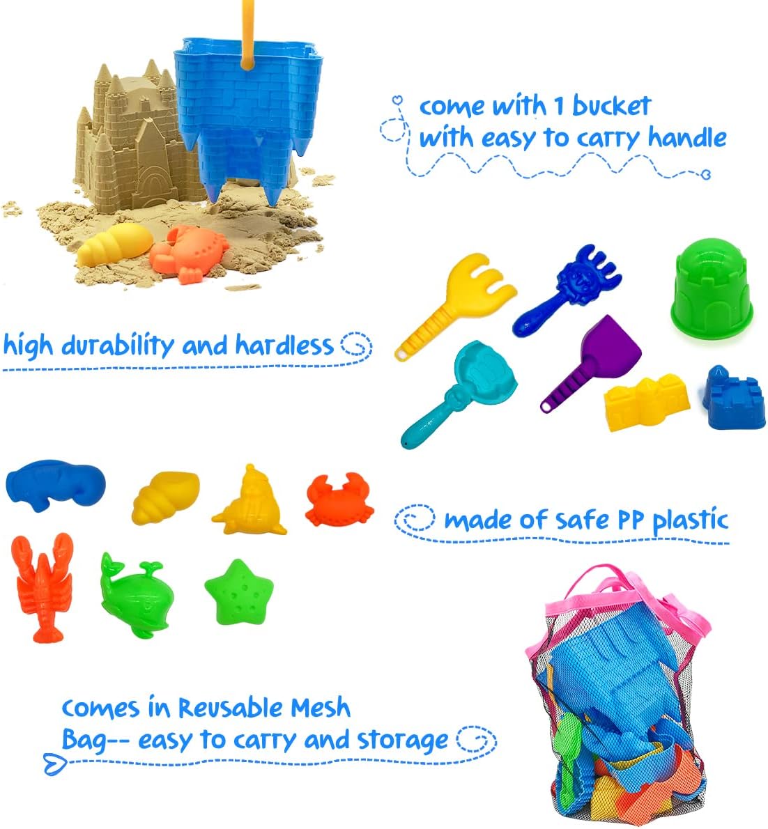 Beach Sand Toys, 27pcs Beach Toys Castle Molds Sand Molds, Beach Bucket, Beach Shovel Tool Kit, Sandbox Toys for Toddlers, Beach Accessories Outdoor Indoor Play Gift 1 Bonus Mesh Bag  for Kids