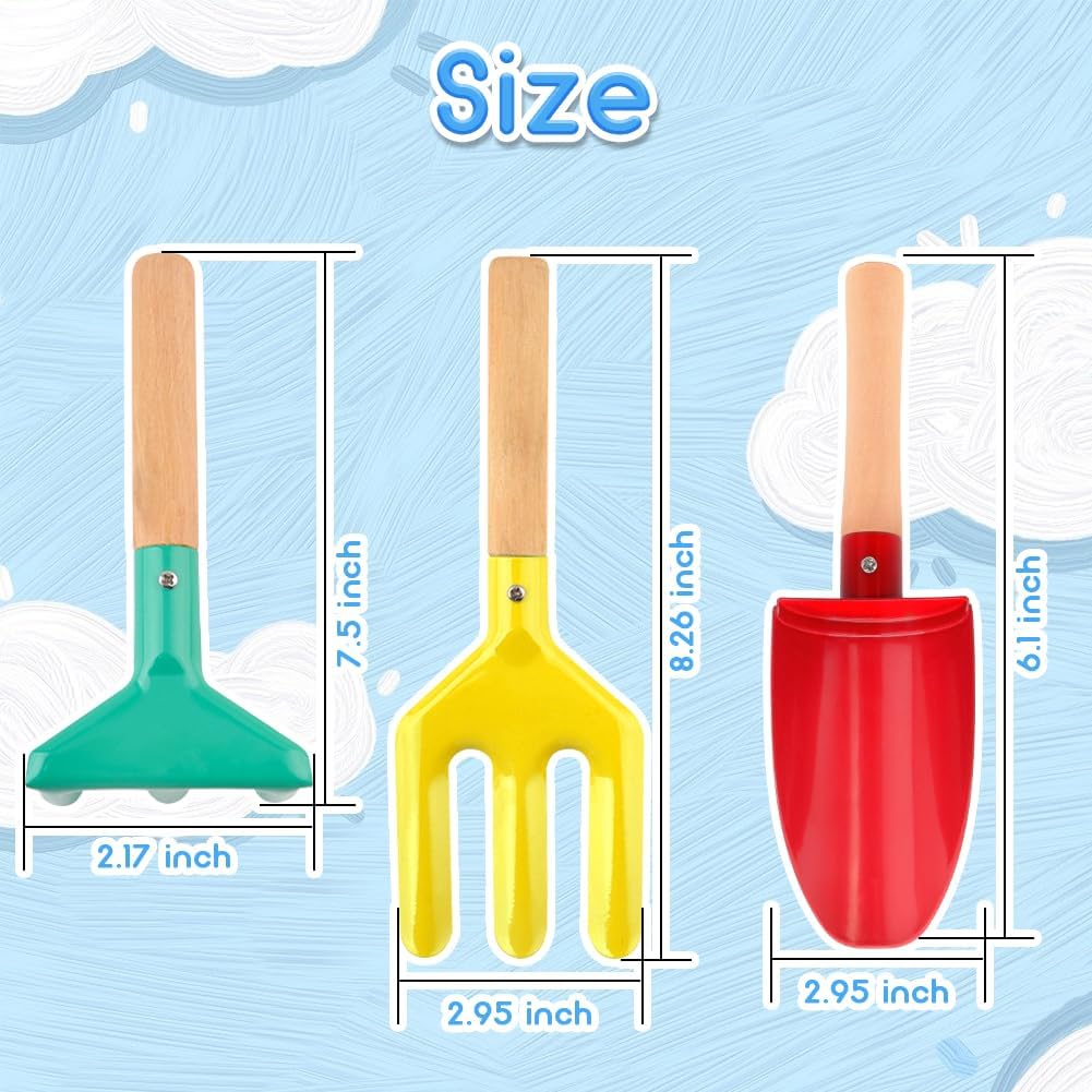 6 Piece Kids Beach Tools, Children Beach Sand Toys, Made of Metal with Sturdy Wooden Handle, Safe Beach Gardening Set, Spoon, Fork, Trowel, Rake & Shovel for Kids