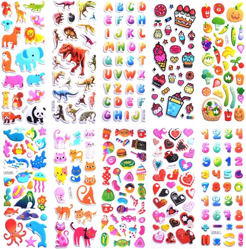 3D Puffy Stickers 40 Different Sheets, Cute Stickers Variety Pack for Kids Scrapbooking, Stickers for Kids 1000+, Gifts, Rewards Including Animals, Stars, Fishes, Hearts, Dinosaurs, Cars and More