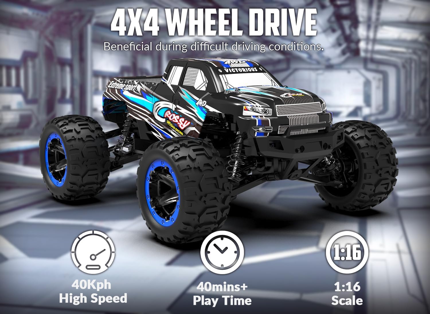 RC Truck Cars, 1:16 Scale All Terrain Monster Truck, 40KPH High Speed Remote Control Cars, 30MPH 4WD Off Road Monster Truck, 2.4Ghz Radio Control, 2 Rechargeable Batteries, 40+ Min Play, Gift for Boys Adults - Toyigo