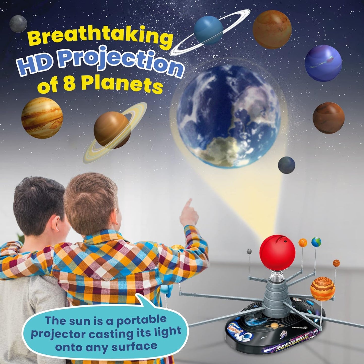 Premium Solar System Model Kit, 4 Speed Motor, HD Planetarium Projector, 8 Painted Planets & 8 White Foam Balls with Paint and Brush for a Hands-On STEM DIY Project for Space Toys for Kids