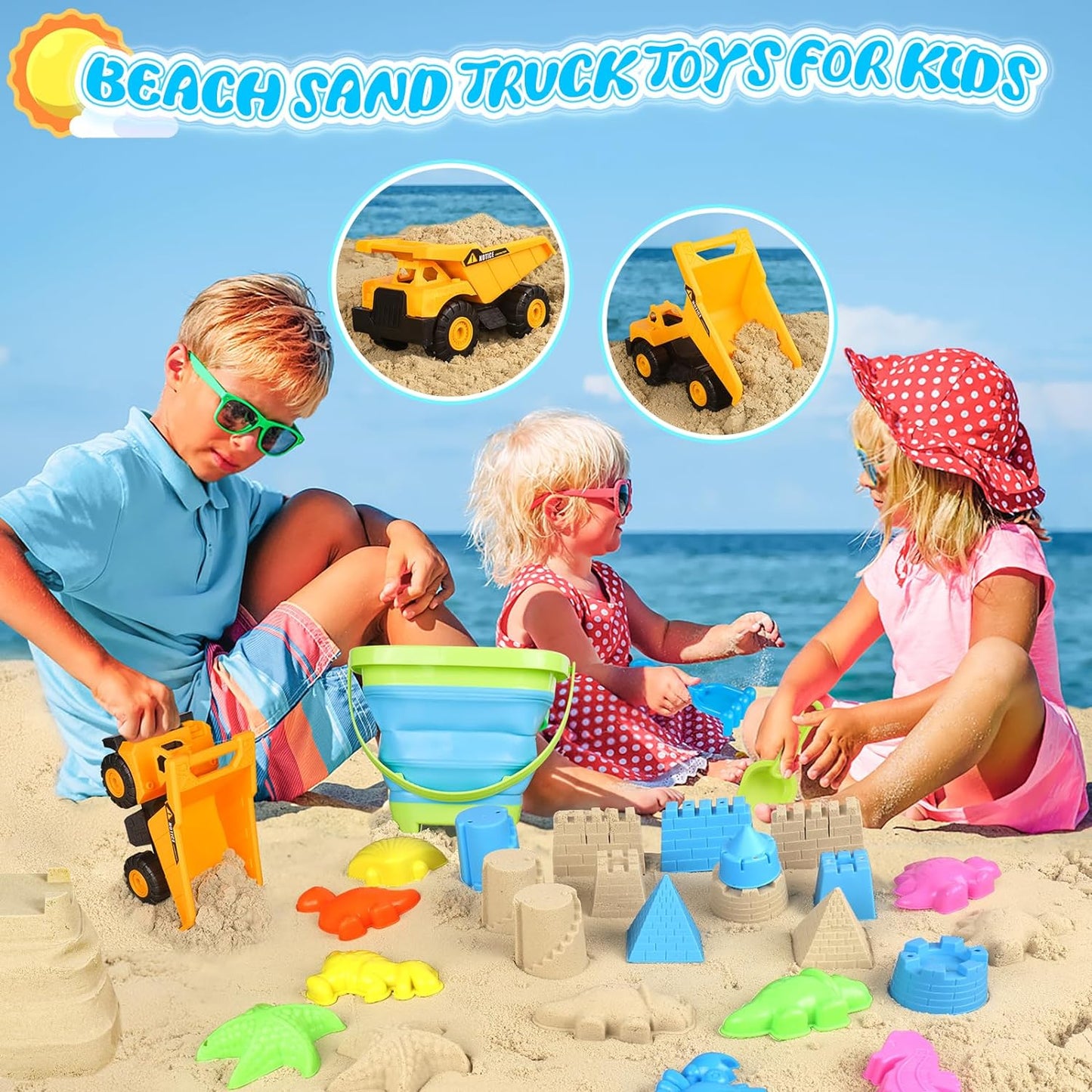 Beach Toys, 19Pcs Sand Toys, Sandbox Toys with Dump Truck, Collapsible Sand Bucket, Sand Castle Toys, Animal Dinosaur Molds, Shovel Set, Mesh Bag, Travel Toys for Kids Toddlers Boys Girls