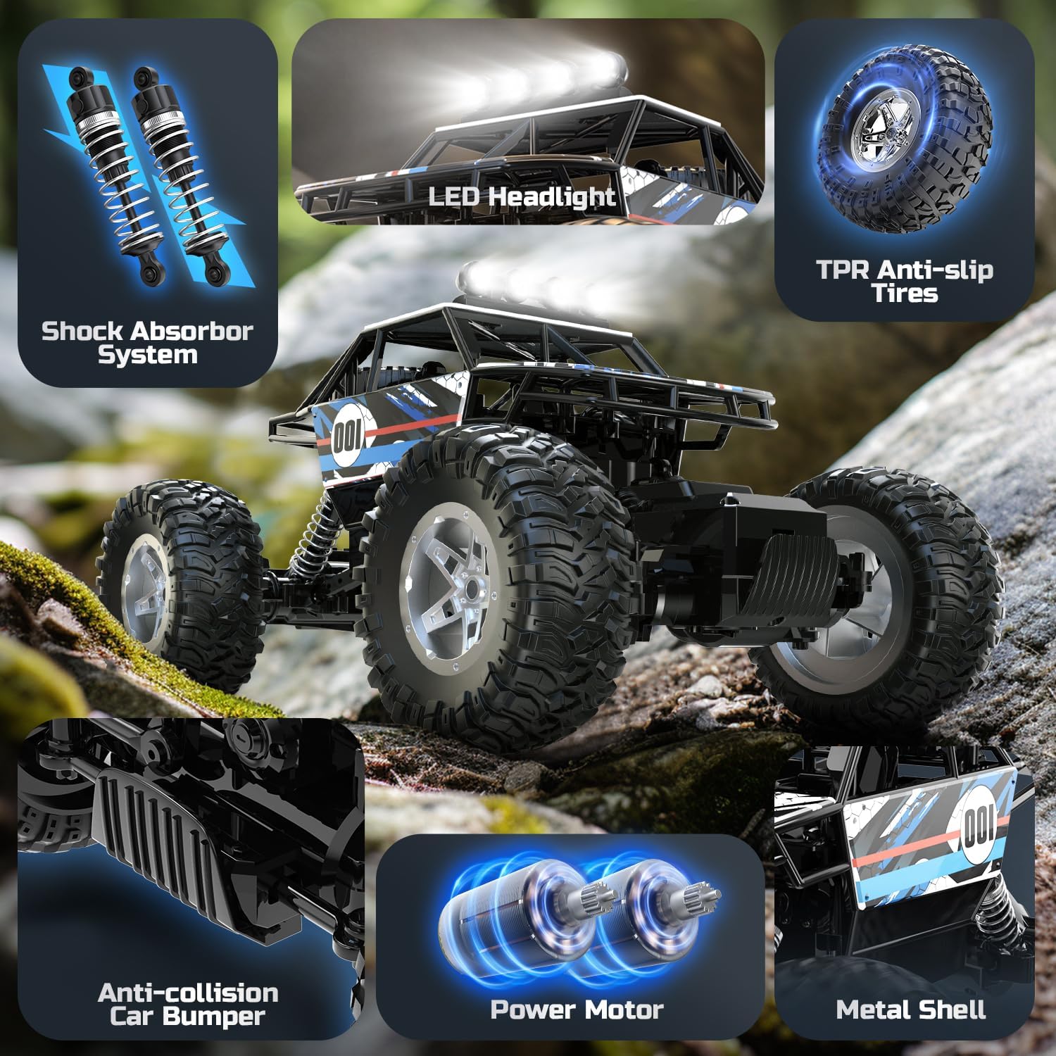 RC Cars Remote Control Car, 1:14 Remote Control Truck, 1:14 Off Road Monster Truck, Metal Shell 4WD Dual Motors LED Headlight Rock Crawler,2.4Ghz All Terrain Hobby Truck with 2 Batteries for 90 Min Play,Boy Adult Gifts - Toyigo