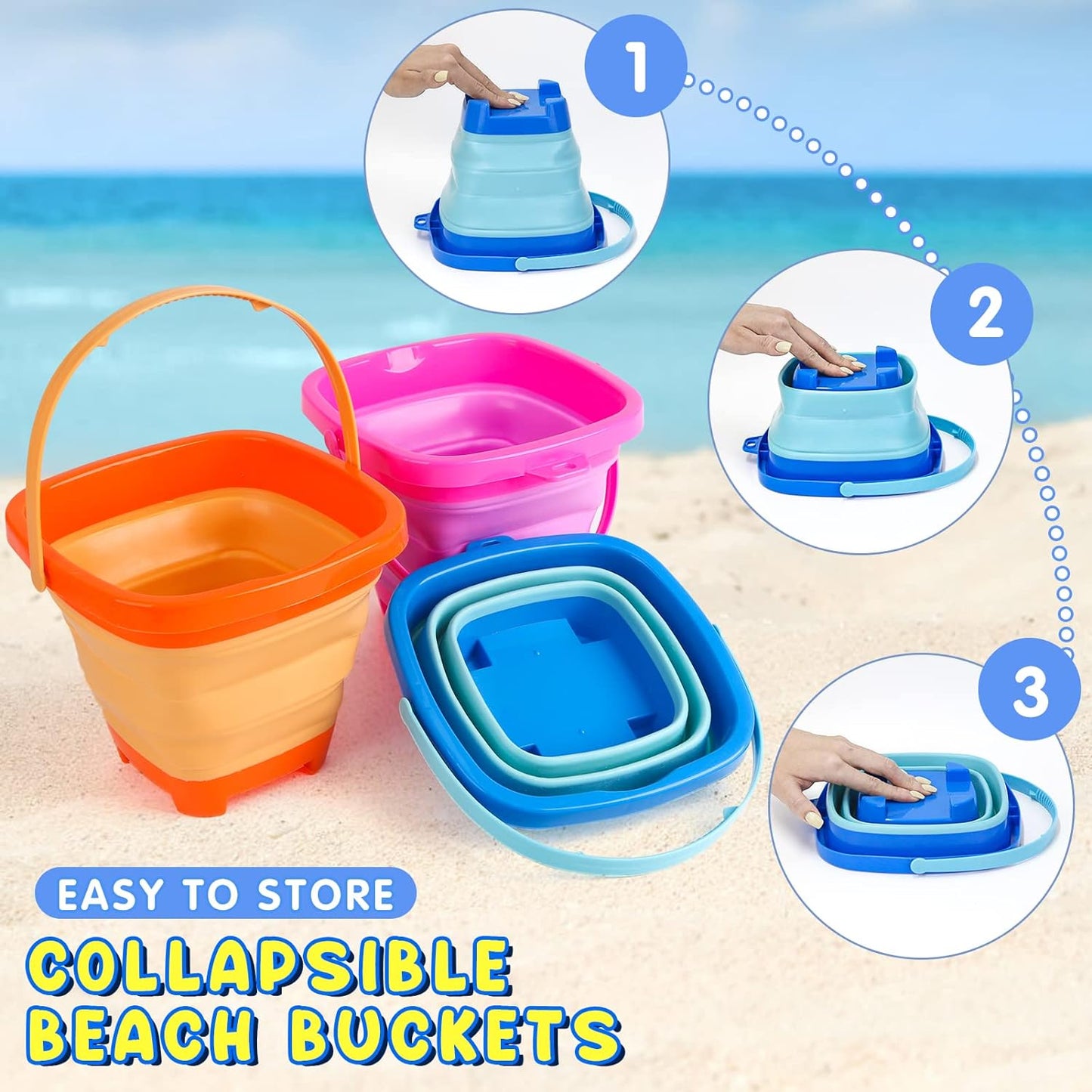 Beach Toys, Collapsible Sand Castle Toys for Beach Include 3 Pack Foldable Buckets, Shovels Molds and Storage Mash Bag for Kids 3-10, Sandbox Travel Toys for Toddlers Kids