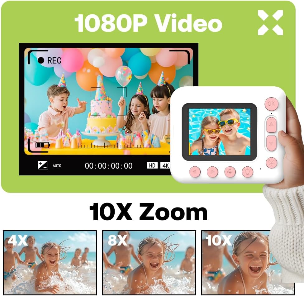 Kids Instant Print Camera, 1080P Digital Kids Camera, 2.4 Inch IPS Screen 10X Zoom Built-in Battery with Thermal Printing Paper Color Pens Neck Strap