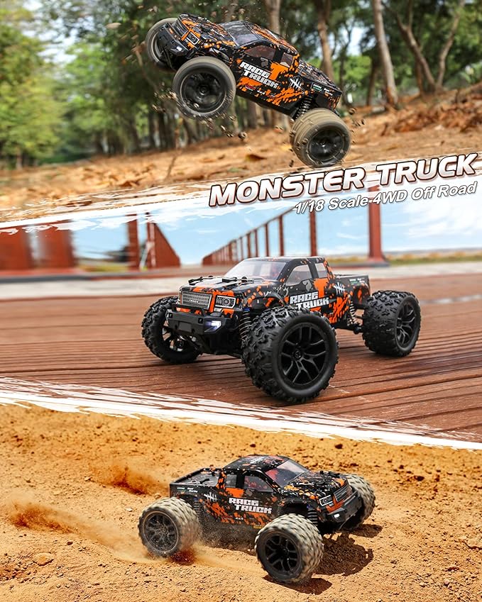 RC Monster Truck- 1:18 Scale, Waterproof Electric Powered RC Cars, 18859E 36km/h Speed 4X4 Off Road Remote Control Truck, 2 Batteries with All Terrain Toys Vehicles, Gifts for kids Adults - Toyigo