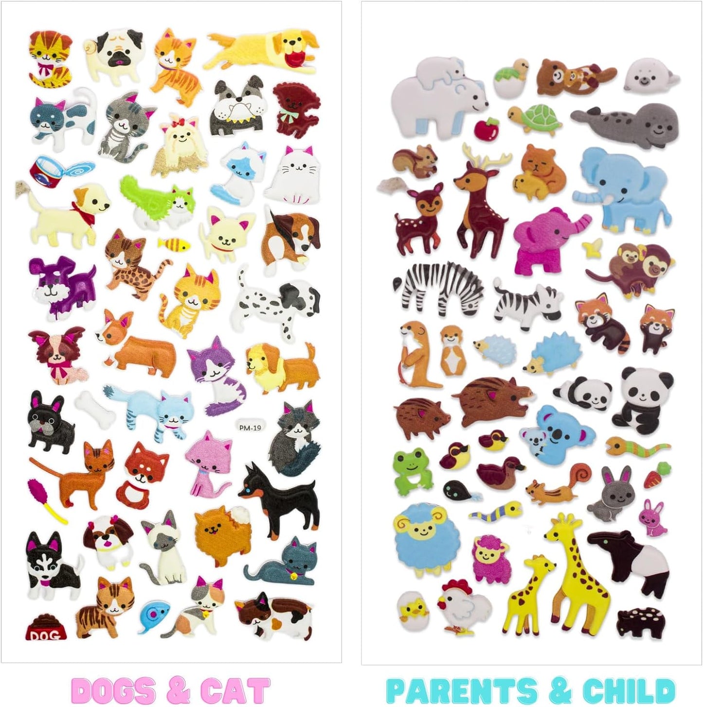 3D Puffy Stickers, Resuable Sticker for Toddler, Boys, Girls 4 Sheets for Kids, Mother Child Animals, Dogs, Cats, Elephant, Giraffe, Monkey, Sheep, Panda, Koala, Rabbit (Zoo)