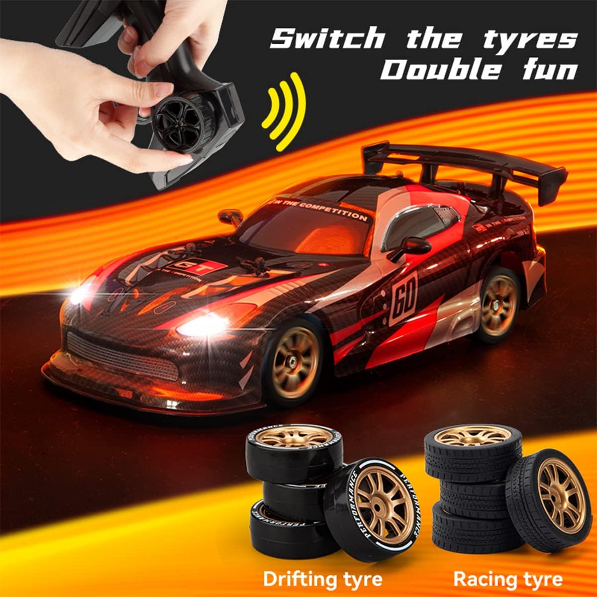 Super GT RC Car 4WD 1:16 Remote Control Racing Car with Extra Drift Tires – 16km/h Speed, 2.4GHz RC Drift Car with Functional Lights – Ideal Gift for Boys