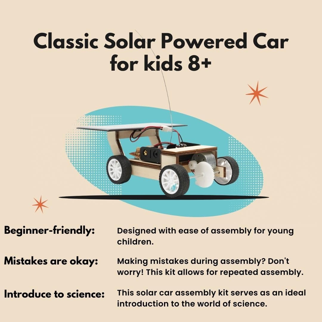 Solar-Powered Car V1w, Wooden STEM Kit with Wireless Remote Control for Boys and Girls, Hybrid Powered by Solar Power and Batteries, Educational Motor Toy Gift for Kids Aged 8-12