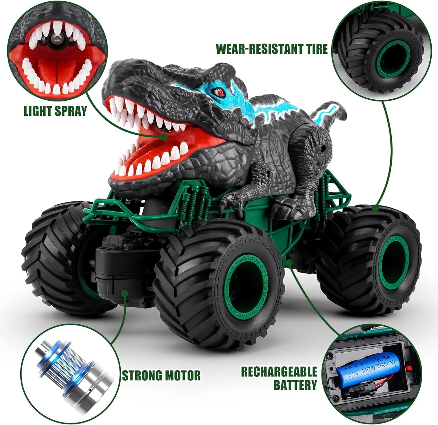 Remote Control Dinosaur Car Toys for Kids Boys, 2.4GHz RC Dinosaur Car Toys with Light, Sound, Spray, Indoor Outdoor All Terrain Rechargeable Electric RC Car, RC Toy Cars Gifts for Boys Kids