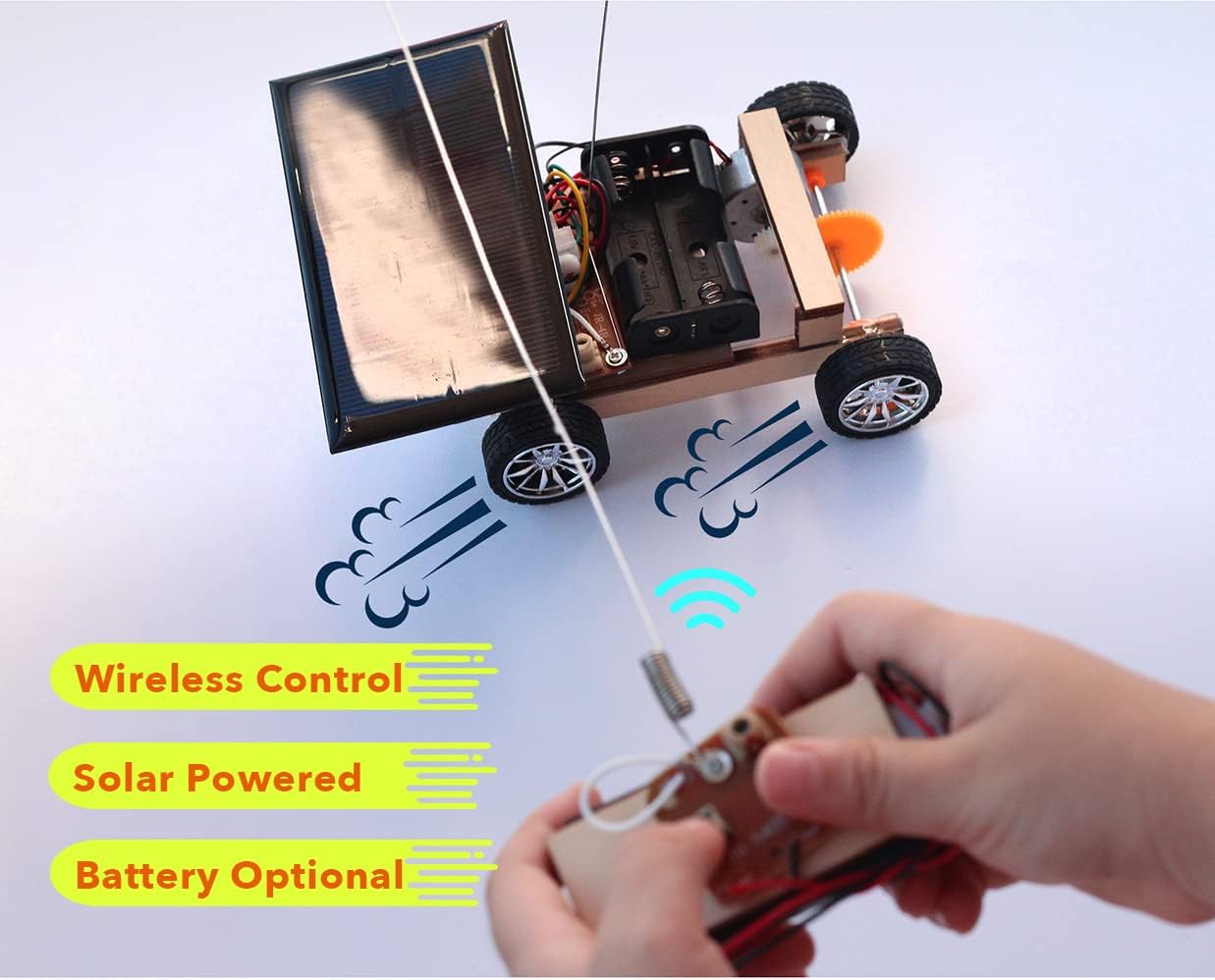 Solar-Powered Car V1, Wooden STEM Kit with Wireless Remote Control for Boys and Girls, Hybrid Powered by Solar Power and Batteries, Educational Motor Toy Gift for Kids Aged 8-12