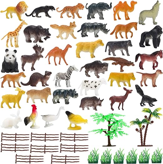 Animal Figurines Toys, 52 Pcs Small Mini Realistic Safari Zoo Plastic Animals Figures Learning Educational Toy Set for Kids Toddlers Jungle Wild Forest Animals Playset Cupcake Topper