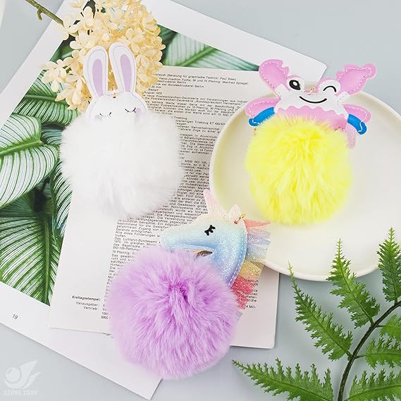 Cute Animal Pom Pom Keychain with Faux Fur Fluffy Balls Key Ring for Women Girls Bag Accessories (Style B)