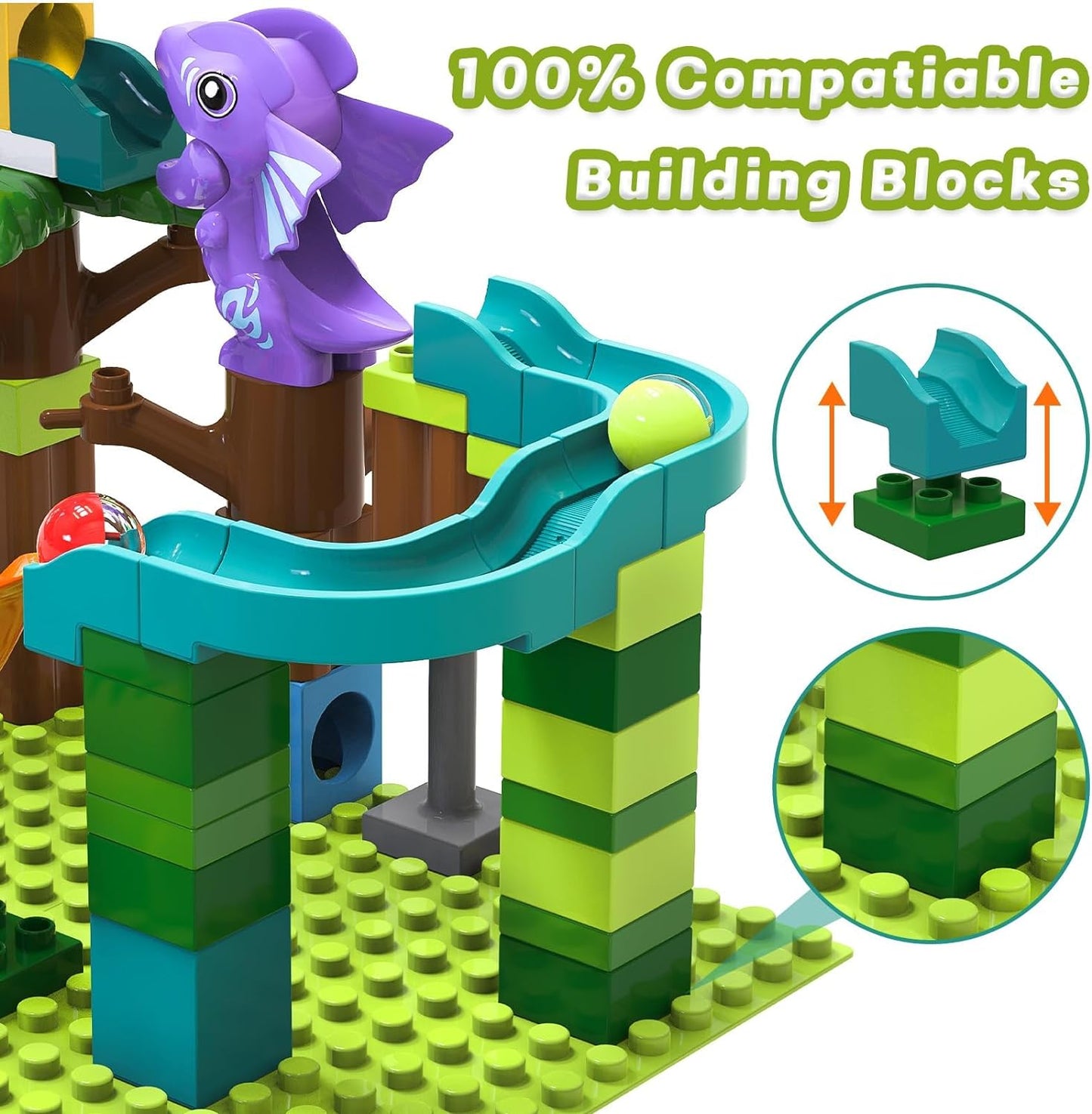 Dino Marble Run Compatible Building Blocks with Pendulum Hammer Track Race, Building Brick Maze Ball Game, STEM Educational Learning Toy, Super Gift for Boys Girls Ages 4-8