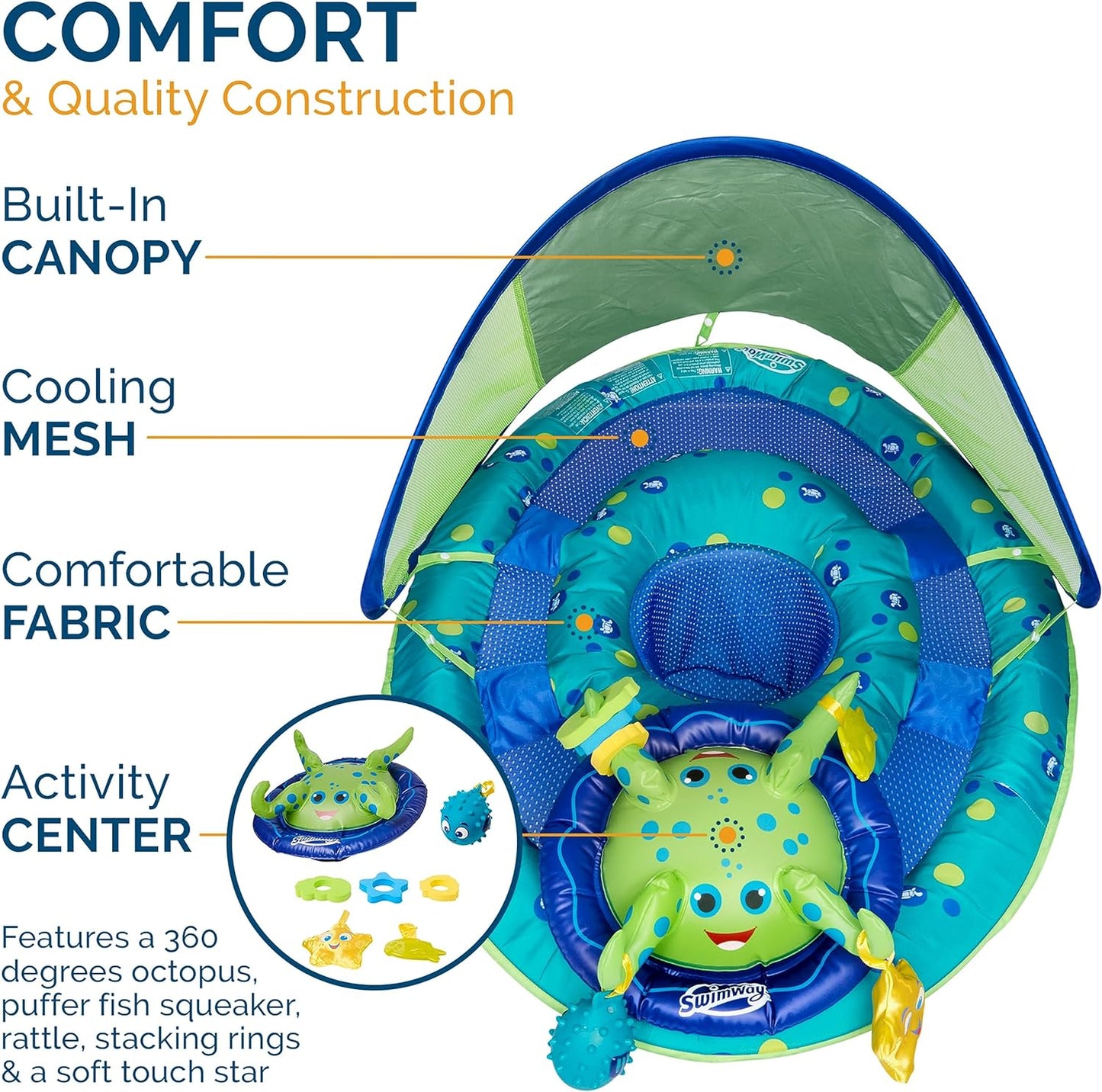 Baby Spring Float Activity Center, Baby Pool Float with Canopy & UPF Protection, Pool Toys & Swimming Pool Accessories for Toddlers Green Octopus  9-24 Months, for Kids