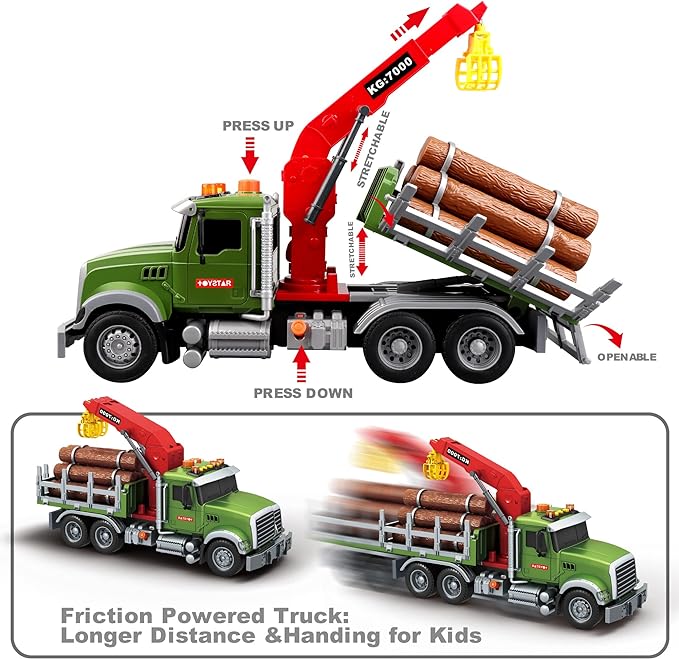 Timber Truck, Dwi Dowellin Kids Toys, Large Timber Truck with Loading Crane and 6 Trunks Toys for 3 4 5 6 7 Years Old Kids - Toyigo