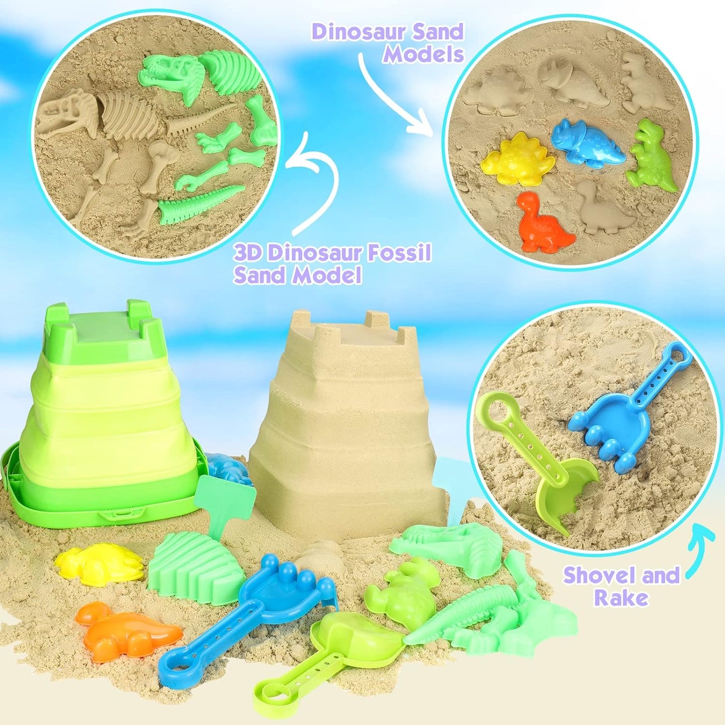 Beach Toys Sand Toys, Dinosaur Sand Toys with Collapsible Beach Bucket and Mesh Bag, Dinosaur Sand Molds, Shovel and Rake, Sandbox Toys for Toddlers, Travel Beach Toys for Kids 3-10