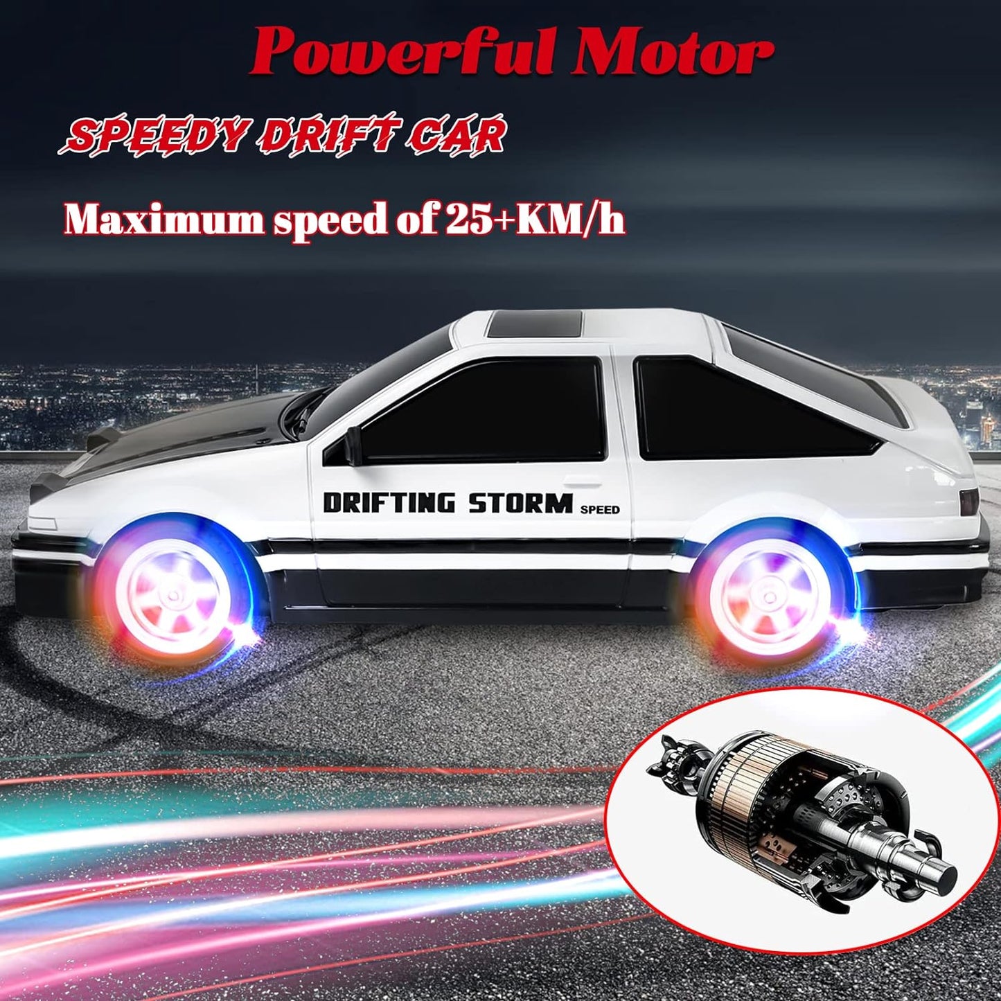 Remote Control Car, RC Drift Car 2.4GHz 1:16 Scale, 4WD 18KM/H High Speed Model, Vehicle with LED Lights, Spray Rubber Tire Racing Sport Toy Car