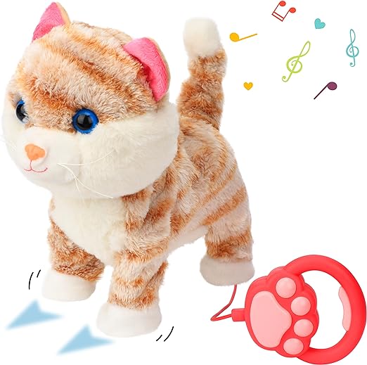 Electric Musical Cute Kitty Toy Remote Control Walking Nodding Pet Cat Stuffed Animal Meows Wags Tail Plush Interactive Gifts for Kids,9.5"