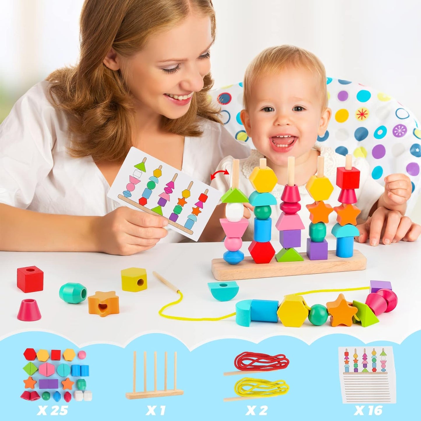 Wooden beads sequencing Toy, Stacking Blocks & Lacing Beads & Matching Shape Stacker for 2 3 4 5 Year Old STEM Preschool Learning Montessori Toys Gifts for Kids Boy Girl Toddler