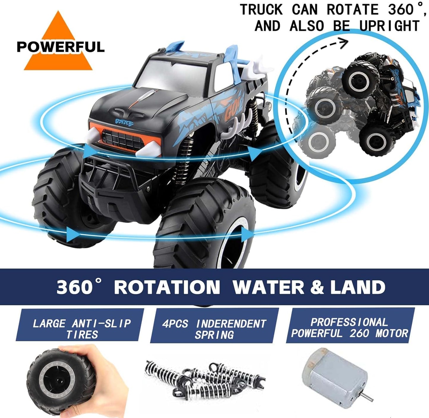 Remote Control Monster Trucks for Boys 8-12, 1:16 Amphibious RC cars for Kids 4-7, Waterproof 4x4 All-Terrain 4WD Off-Road RC Car, Remote Control Amphibious Vehicles for Children, RC Car Gifts for Boys/Girls Age 3-5 - Toyigo