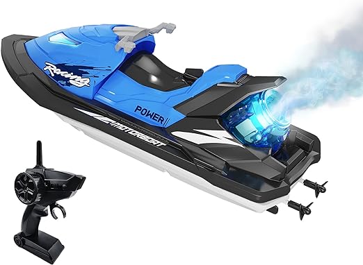 RC Jet SKI Boat, 2.4G Remote Control Boat for Pools & Lakes, Toy Boat Battery/Dual Motors/Low Power Prompt/Waterproof, Boats for Kids & Adults with Spraying Function In (Blue, Green, Red) - Toyigo