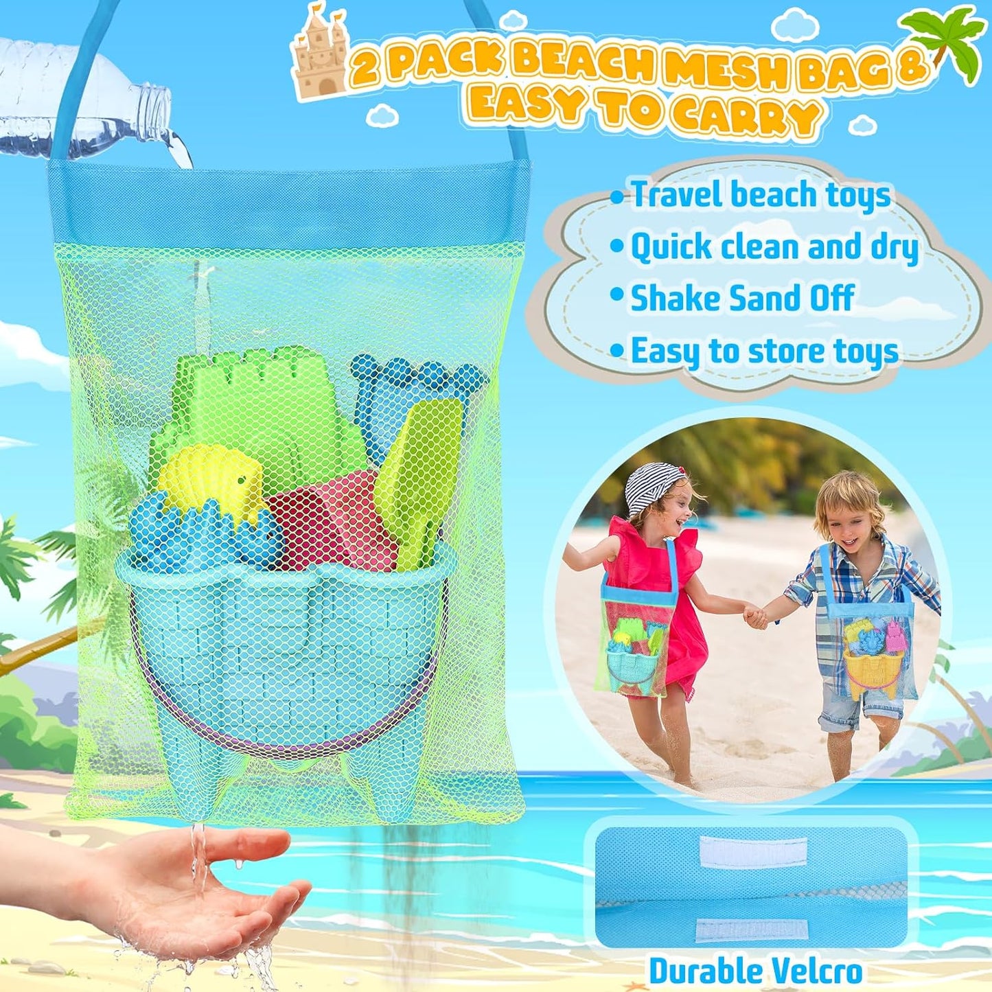 Beach Toys, Sand Castle Toys with 2 Sand Bucket, 2 Mesh Bag, 4 Sand Shovels & Sand Molds, Travel Sand Toys for Beach Sandbox Toys for Toddlers Kids Baby Boys Girls Age 3-10