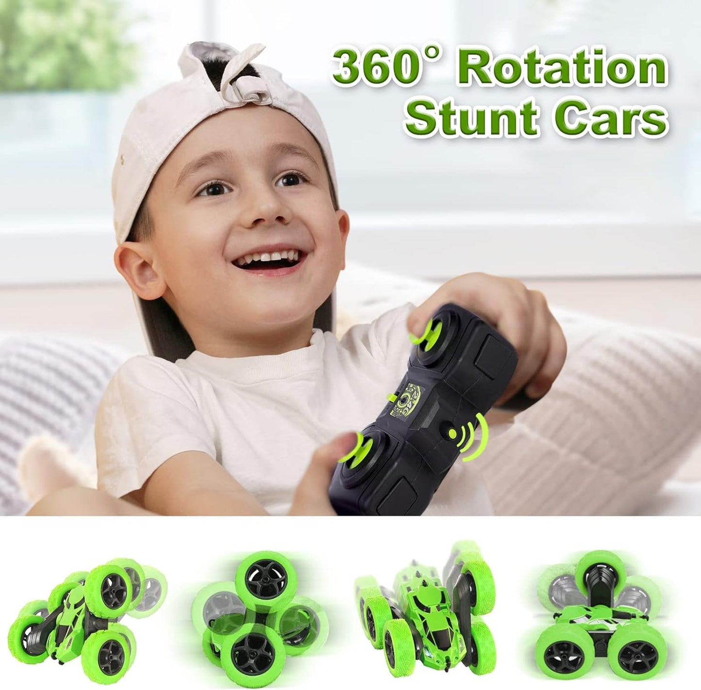 Remote Control Car, RC Race Car Toy, Stunt RC Cars, 90 Min Playtime, 2.4Ghz Double Sided 360ø Rotating RC Crawler with Headlights, 4WD Off Road Drift RC Race Car Toy for Boys and Girls Aged 6-12 Green, Blue - Toyigo