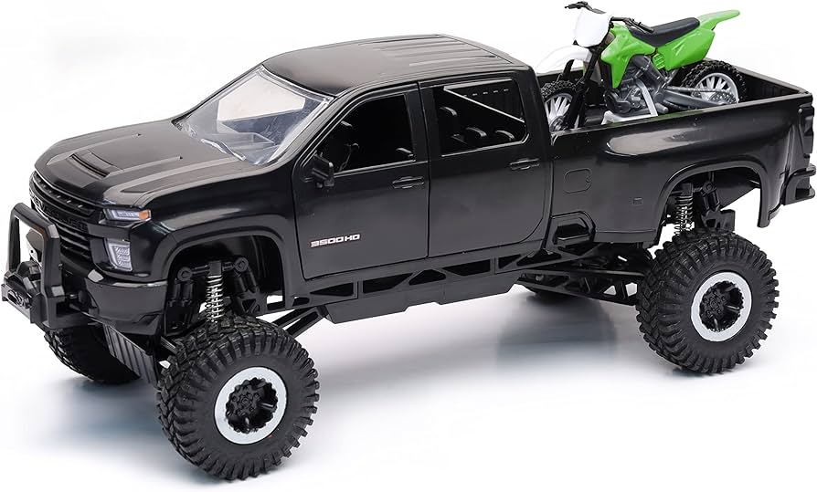 Pickup Truck, Chevrolet 4x4 Gray Silverado Pickup Truck Working Suspension and 1/32 Scale Die Cast Blue Chevrolet Silverado and Honda Dirt Bike For Kids - Toyigo