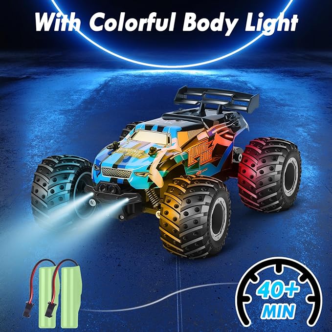 Monster Truck, Remote Control Truck, 2.4Ghz All Terrain Off-Road Monster Truck, Remote Control Car, 20 KM/H Rc Cars with LED Bodylight and 2 Rechargeable Batteries Kids Toys for Boys Age 4-12 - Toyigo