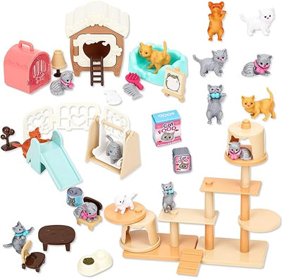 43-Piece Cat Figurine Playset , Realistic Pet Care Center Role Play Toys for Kids, Toddlers, Boys and Girls