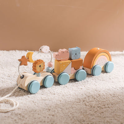 Children's Wooden Early Education Trolley - Multifunctional Lion Animal Bead Pull Rope Car, Manual Brain Development Toy