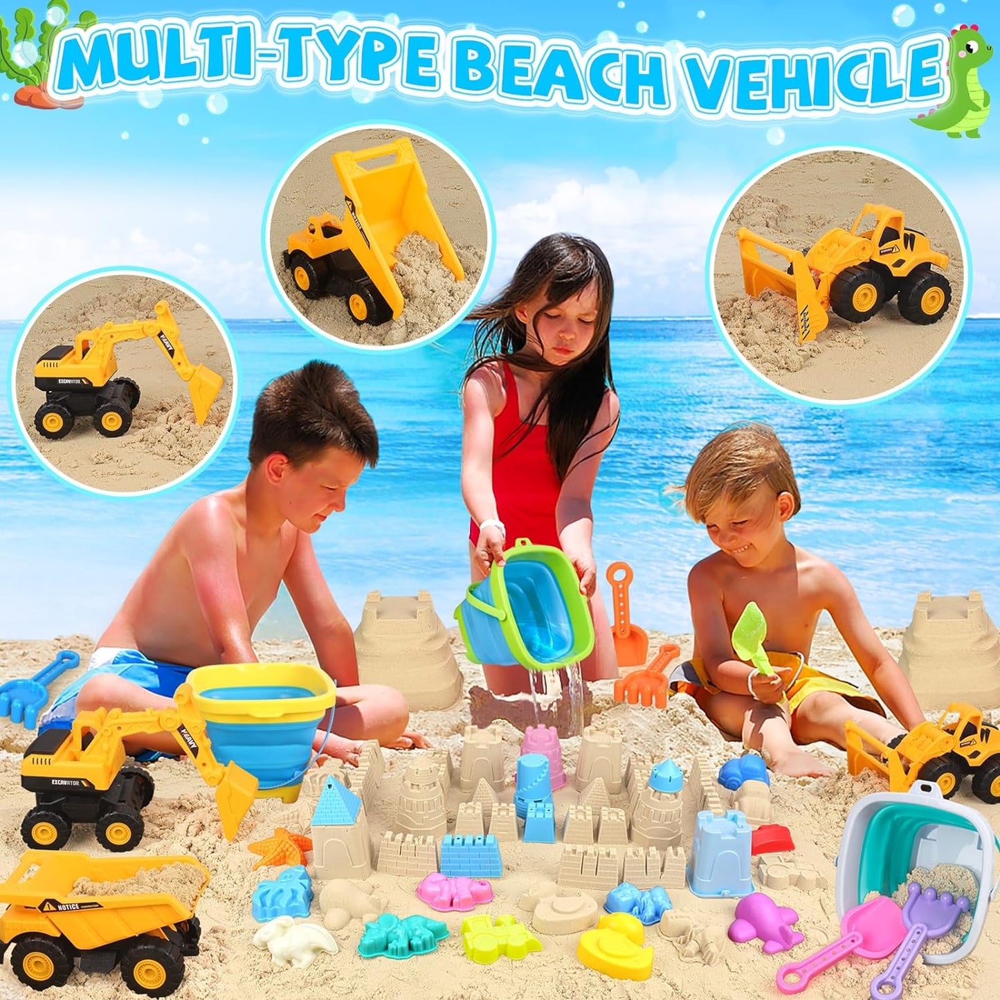 Beach Toys, 35Pcs Sand Toys, Sandbox Toys with 3 Truck 3 Collapsible Beach Bucket, Sand Castle Toys Kit, Animal Dinosaur Molds, Shovel Set, Mesh Bag, Travel Toys for Kids Toddlers Boys Girls