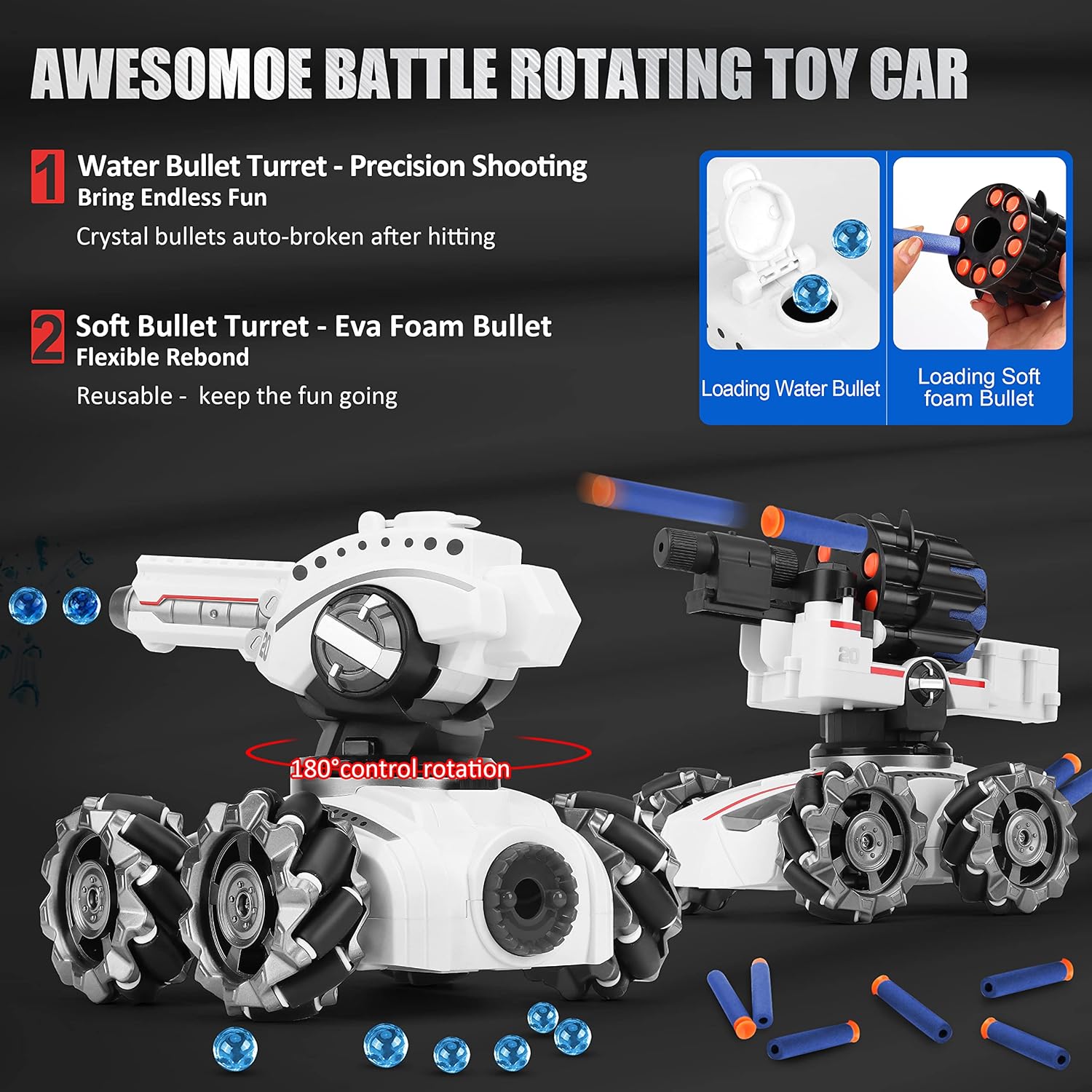 RC Car, 3 Head Tank Car Shooting Water Bullets Remote Control Car, Shoot Foam Darts, 360øRotating, LEDs, Music, Toy,  Kids 4WD Battle Stunt Car, Blow Bubble, Shoot Foam Darts, 6-15 Boys Gifts - Toyigo