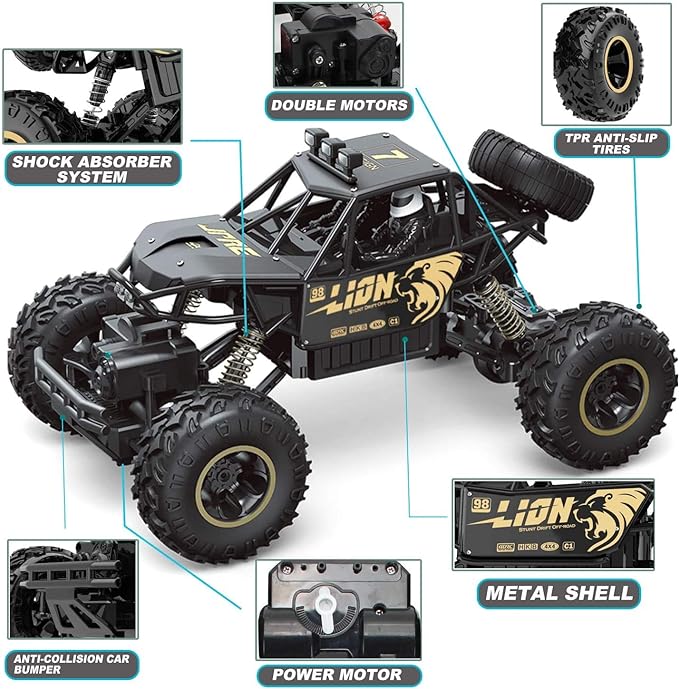 RC Monster Truck, C3 Remote Control Off Road Monster Truck, Metal Shell Car 2.4Ghz 4WD Dual Motors, All Terrain Hobby Truck with 120 Min  Truck For Kids - Toyigo