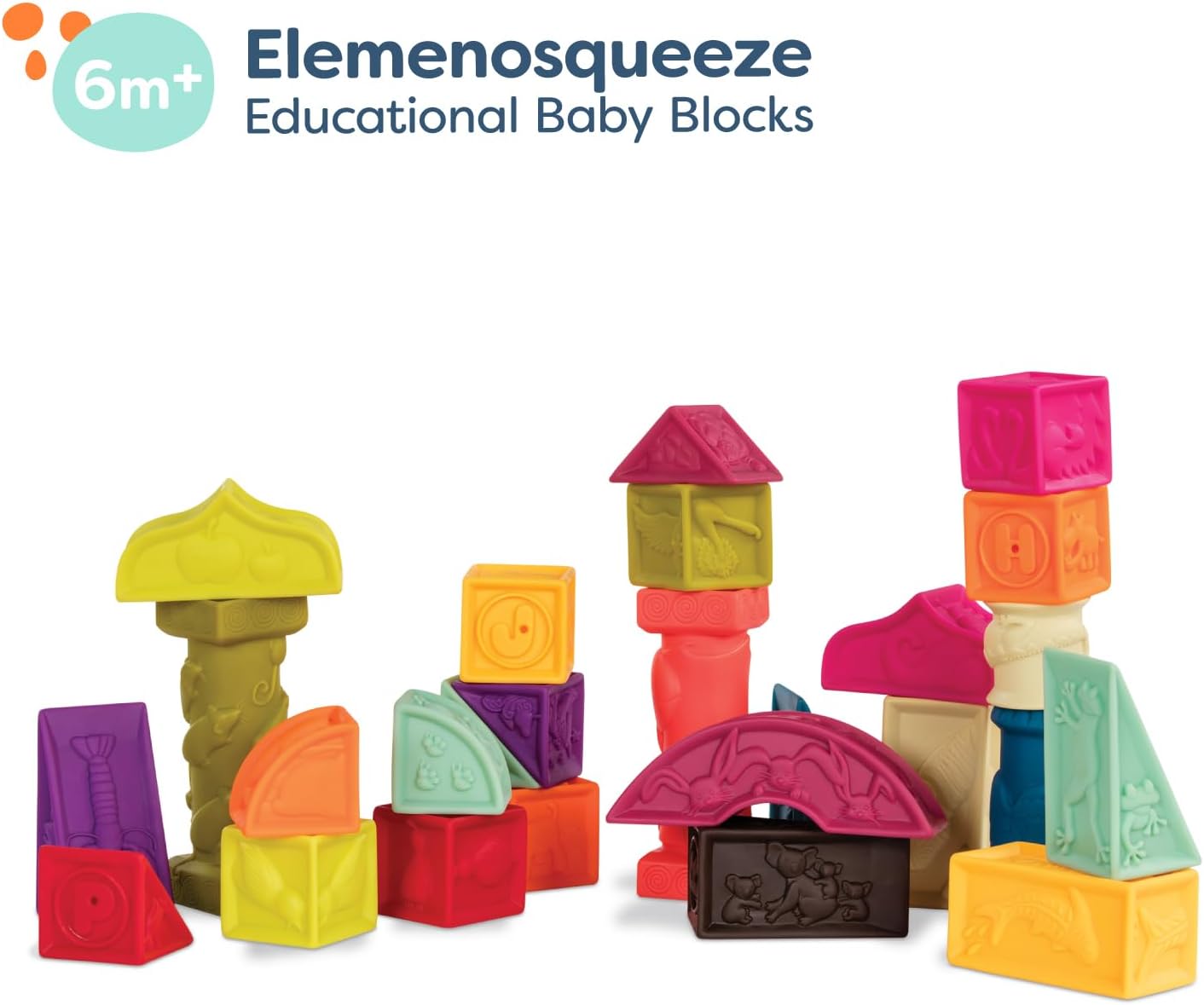 B. baby Elemenosqueeze, 26 Soft Stackable Baby Blocks, Alphabet Building Blocks, Architectural Building Blocks, Shapes and Letters Baby Blocks, Animal-Themed Baby Blocks, Educational Baby Toys 6 Months+ - Toyigo