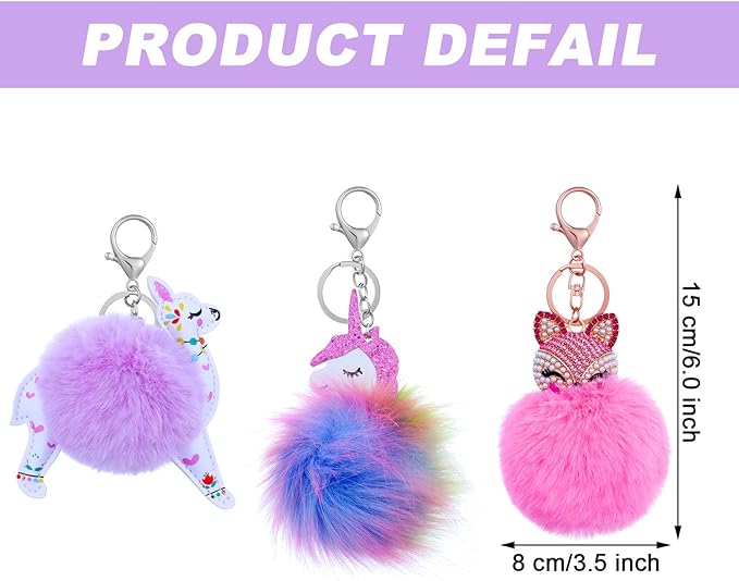 Animal Pom Pom Keychain Cute Fluffy Key, 3 Pieces Ring Unicorn Keychain for Women Bag Accessories