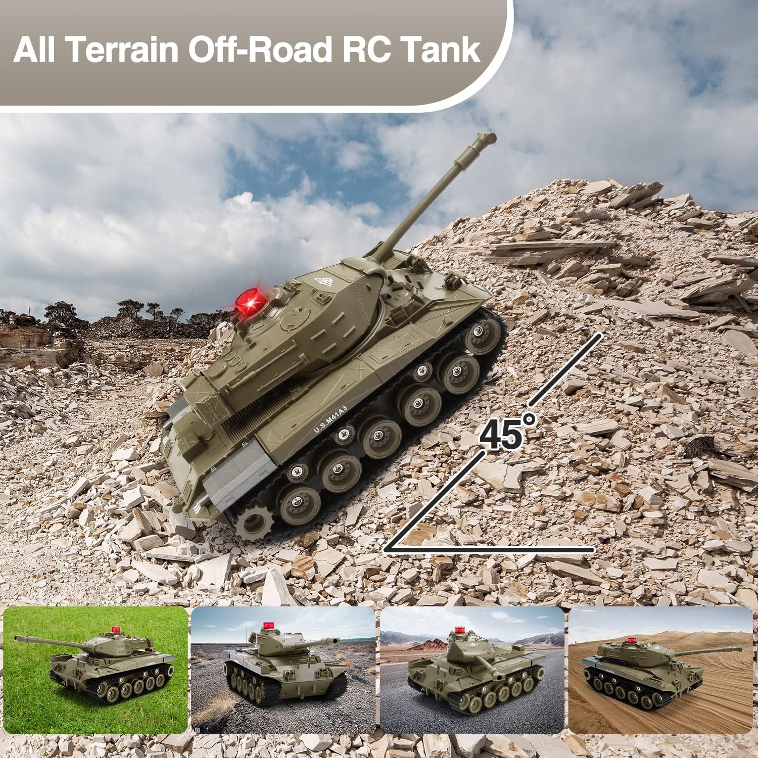 Remote Control Tank, M41A3 American Army Battle Tank, RC Military All Terrain Off-Road Vehicles, Programmable RC Tanks with Lights & Realistic Sounds, Great Gift Tank Toy for Kids - Toyigo