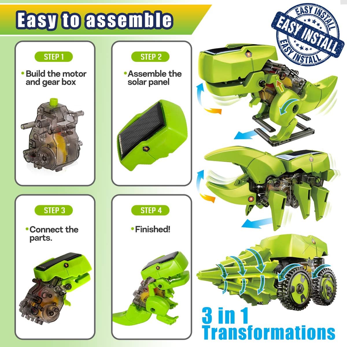 Dinosaur STEM Solar Robot Toys, 3 in 1 Building Games Educational Science, Coding Engineering Kit for Boys, Ages 5 6 7 8-12 STEM Toys Dinosaur Gift School Family Creative Activities