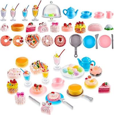 48 Pieces Miniature Food Drinks Bottle Toys, Mixed Pretend Food for Dollhouse Kitchen Accessories, Mini Cooking Food Toys for Kids Fake Cake, Ice, Cream Bread