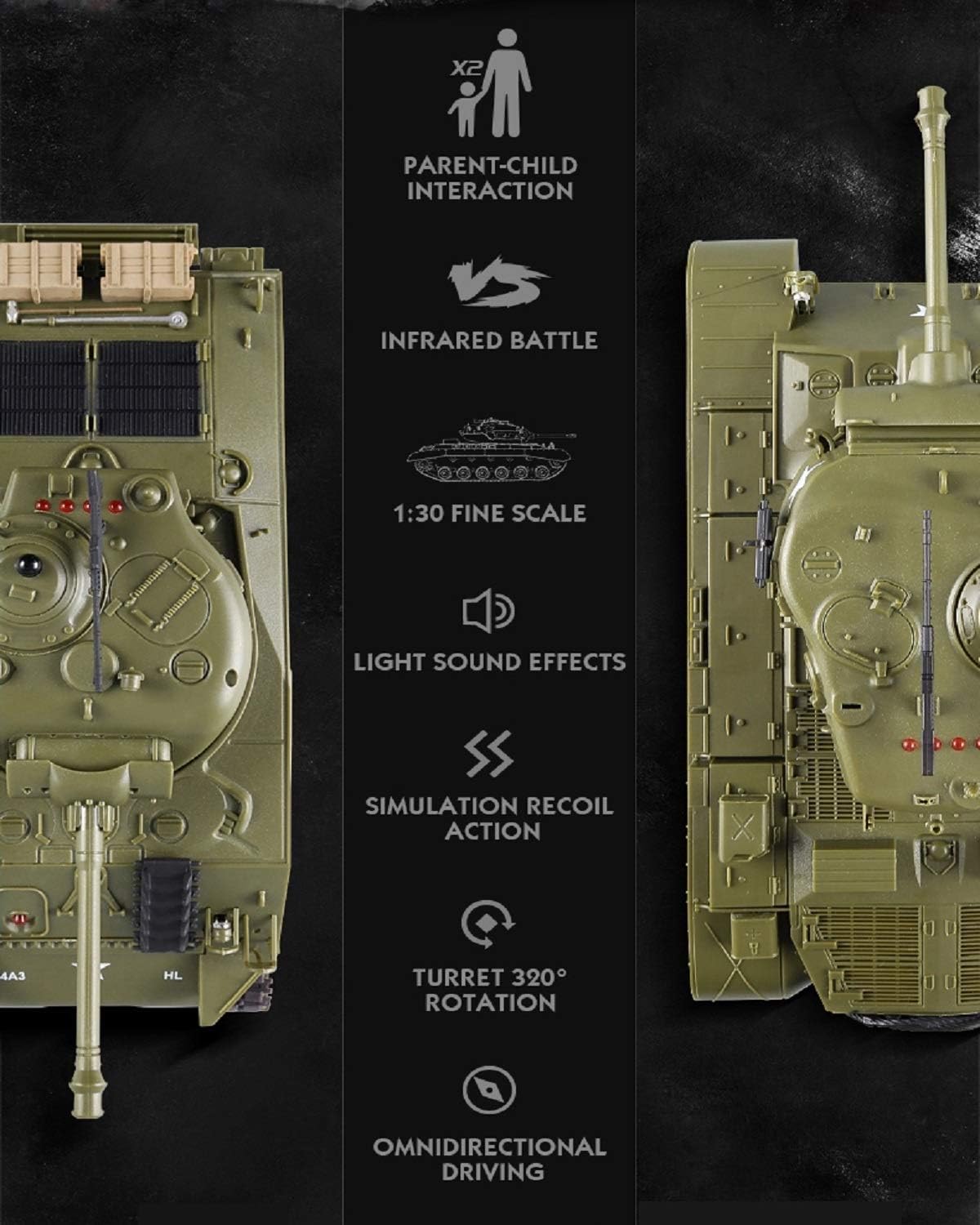 Sherman vs Pershing Infrared Battle Tanks, 2.4GHz Remote Control Battling Panzer, 2-Set Combat Fight Pair RC Tanks, Remote Control US Model Tank M4A3 M26 - Toyigo