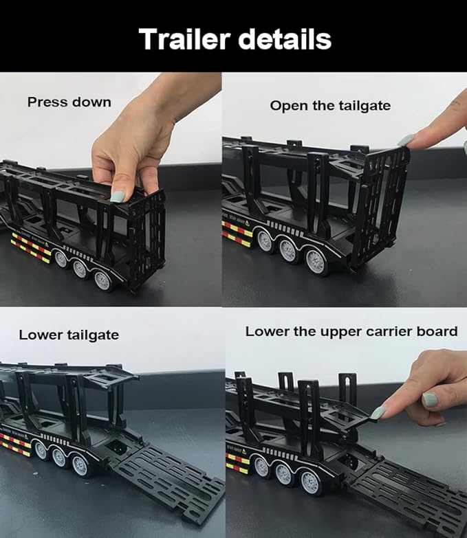 Transporter Truck, Remote Control Car Transporter Truck Includes 4 Cars, 1:48 Mini RC Toy Semi Truck Trailer with 2pcs Rechargeable Batteries, Carrier Car Truck Vehicle with Lights for Kids - Toyigo