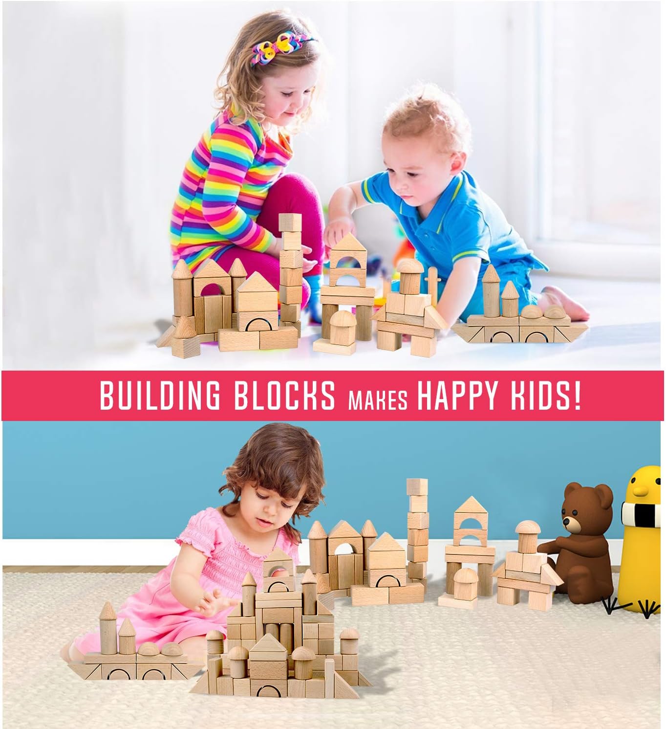 Wooden Building Blocks Set, Stacker Stacking Game Construction Toys Set Preschool Colorful Learning Educational Toys - Geometry Wooden Blocks for kids 3+ Year Old Boys & Girls