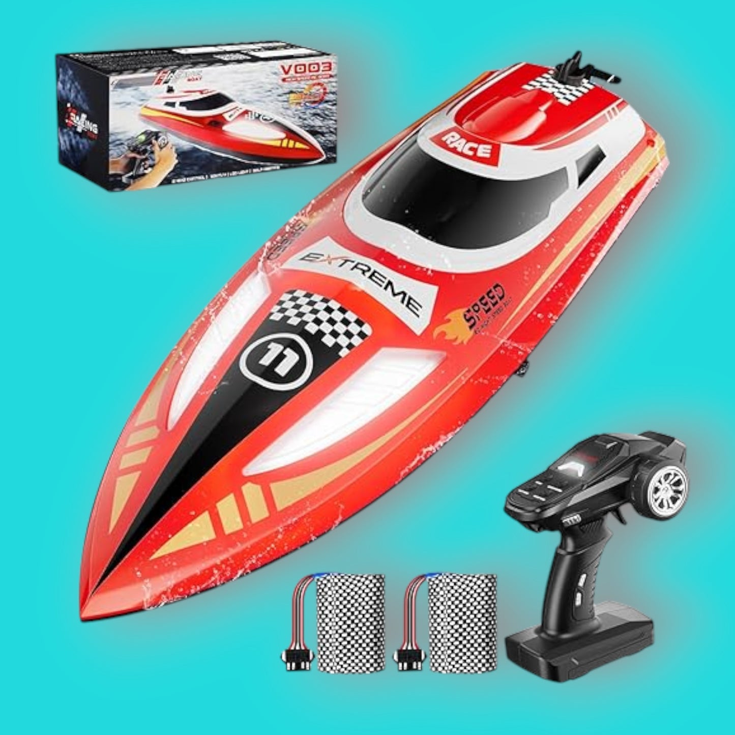 RC Speed Boat, Fast Speed Racing Sailboat 30+KPH, Self-Riding Observing LED Light, RC Boat for Adults & Kids, 2 Batteries 60Min Using Time - Toyigo