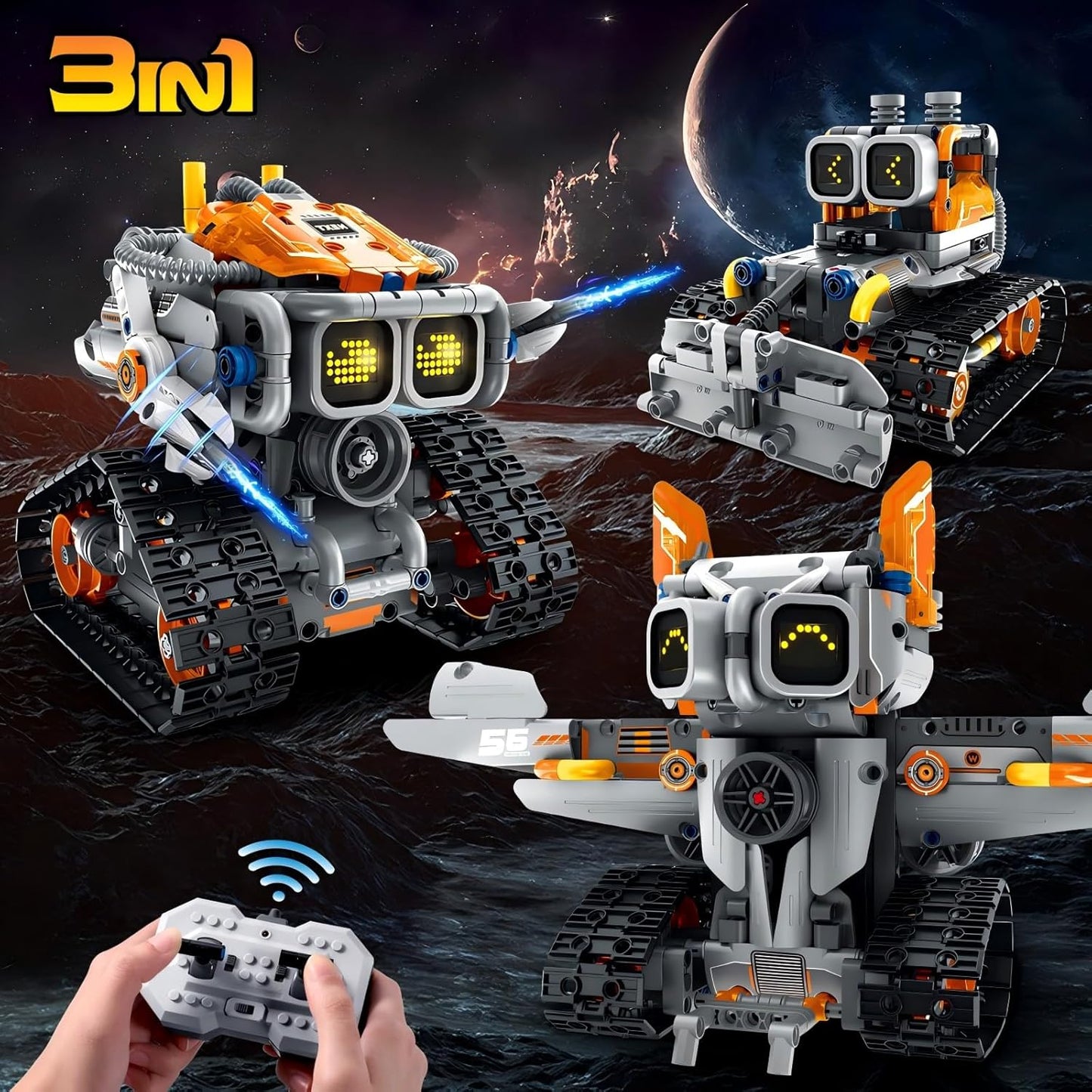 Changeable Expressions Robot Building Sets - 3 in 1 Remote & APP Supported Robotic Building Toy Having Sound Effect, Rechargeable RC Robot Birthday Present for Kids Age 6+ Boy & Girl (451PCS)