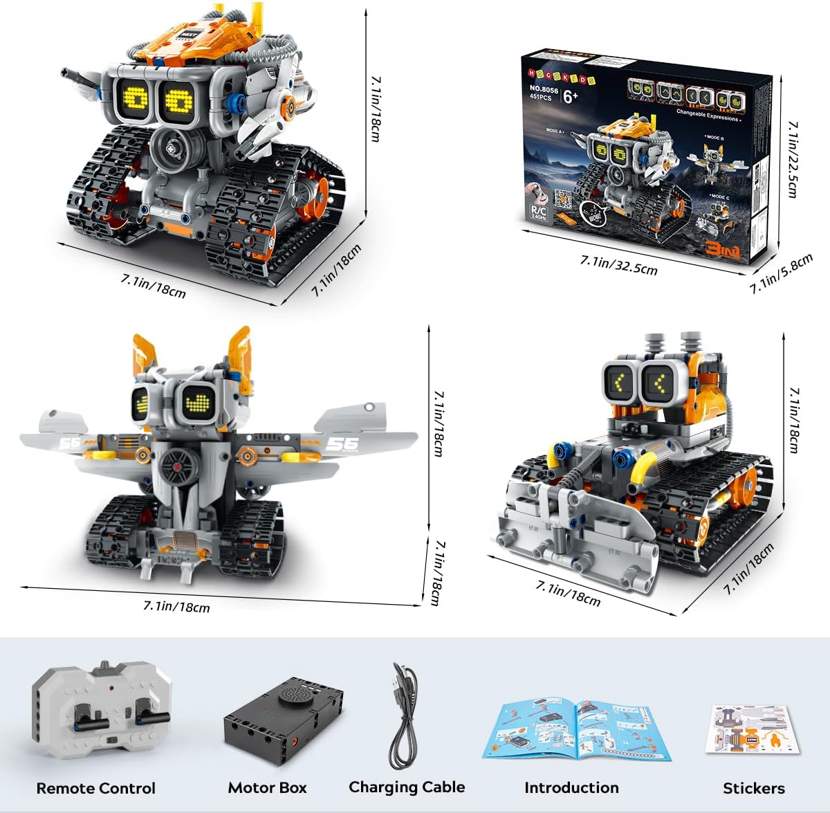 Changeable Expressions Robot Building Sets - 3 in 1 Remote & APP Supported Robotic Building Toy Having Sound Effect, Rechargeable RC Robot Birthday Present for Kids Age 6+ Boy & Girl (451PCS)