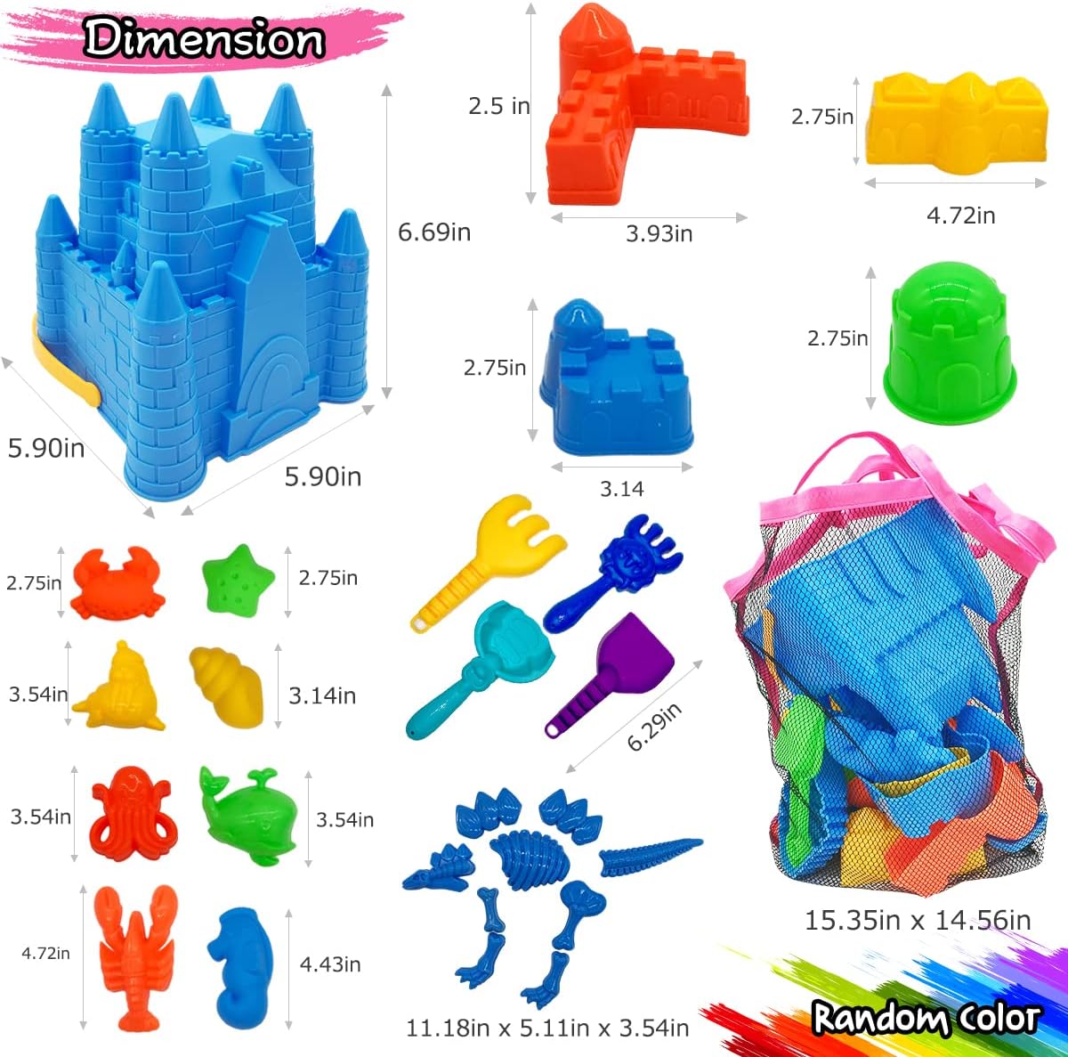 Beach Sand Toys, 27pcs Beach Toys Castle Molds Sand Molds, Beach Bucket, Beach Shovel Tool Kit, Sandbox Toys for Toddlers, Beach Accessories Outdoor Indoor Play Gift 1 Bonus Mesh Bag  for Kids